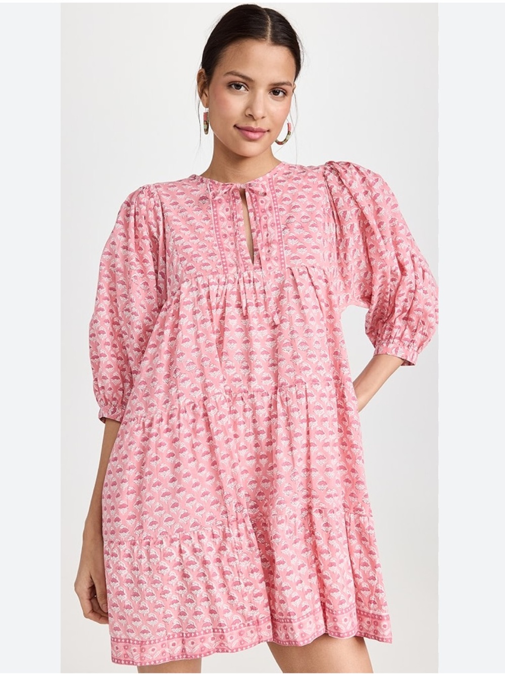 Marea Casita Floral Block Print Mini Tunic Dress in Pink Size Small